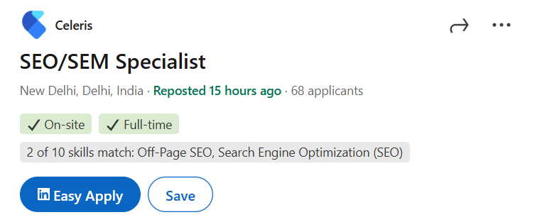 SEO/SEM Specialist job listing at Celeris in New Delhi, India, highlighting skills such as Off-Page SEO and Search Engine Optimization.